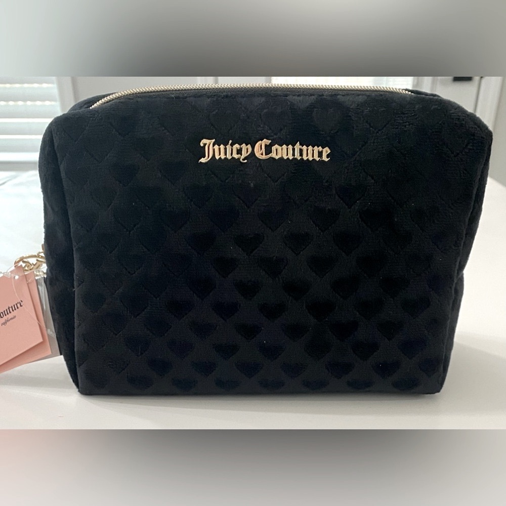 Juicy Couture Black Hearts Designer Valentine Zip Cosmetic Makeup Toiletry Bag